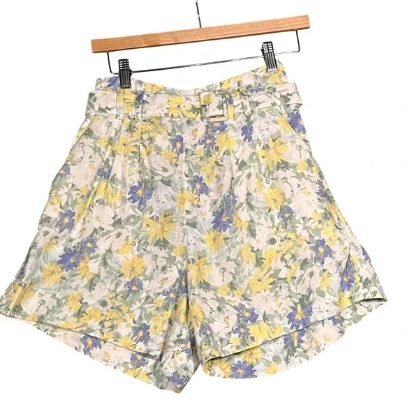 Abercrombie & Fitch Belted Floral High Rise Linen Blend Shorts Womens Med Yellow - Picture 5 of 14